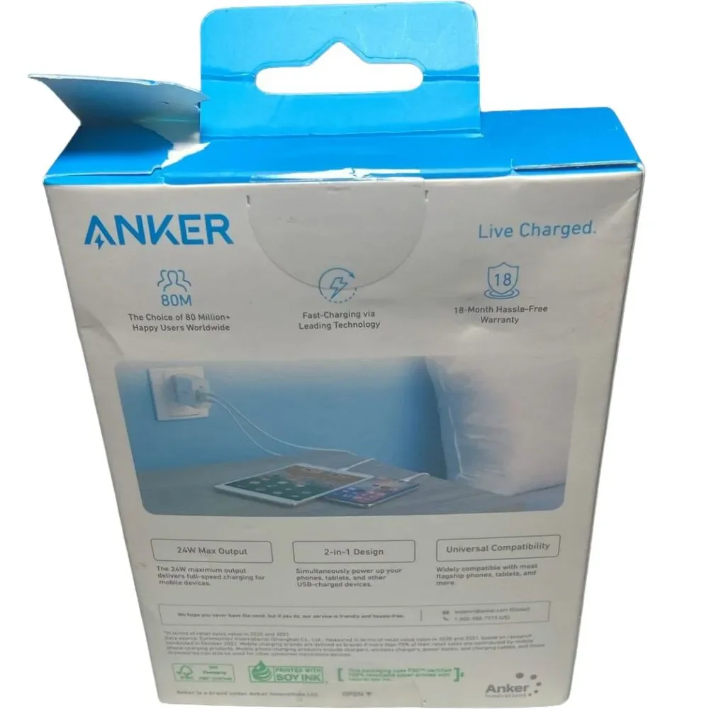 Anker PowerPort 2 Dual USB Wall Charger 24W Fast Charge iPhone Samsung NEW PKG W